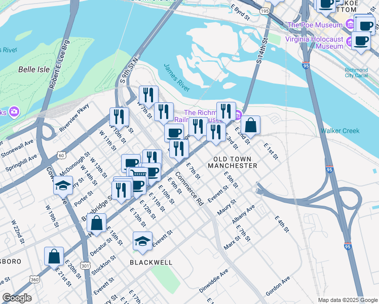 map of restaurants, bars, coffee shops, grocery stores, and more near 512 Hull Street in Richmond