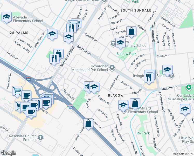 map of restaurants, bars, coffee shops, grocery stores, and more near 5087 Cobb Court in Fremont