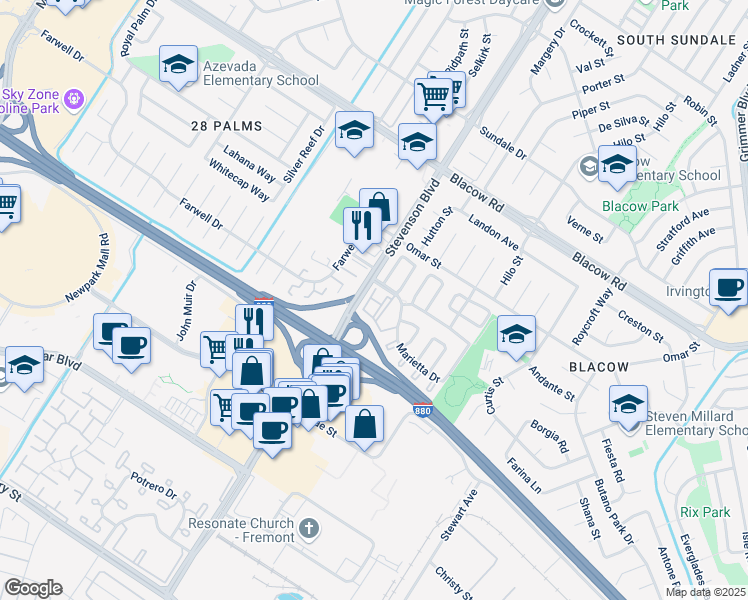 map of restaurants, bars, coffee shops, grocery stores, and more near 5651 Spry Common in Fremont