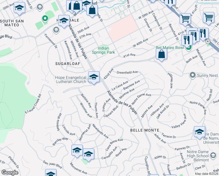 map of restaurants, bars, coffee shops, grocery stores, and more near 4300 Alameda de las Pulgas in San Mateo