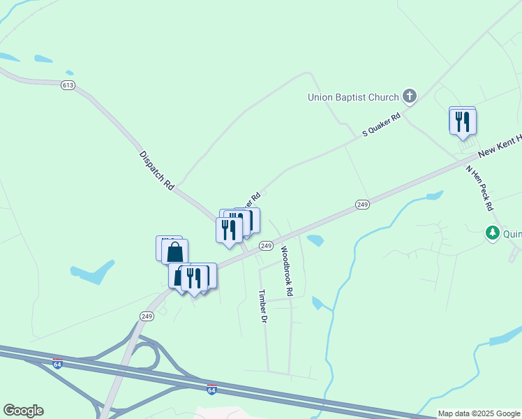map of restaurants, bars, coffee shops, grocery stores, and more near 8121 South Quaker Road in Quinton