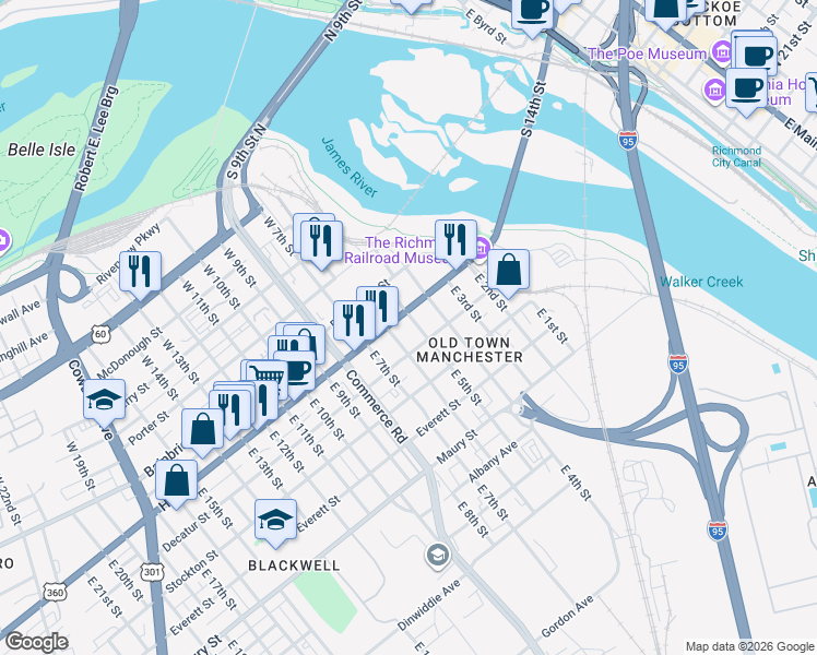 map of restaurants, bars, coffee shops, grocery stores, and more near 512 Hull Street in Richmond