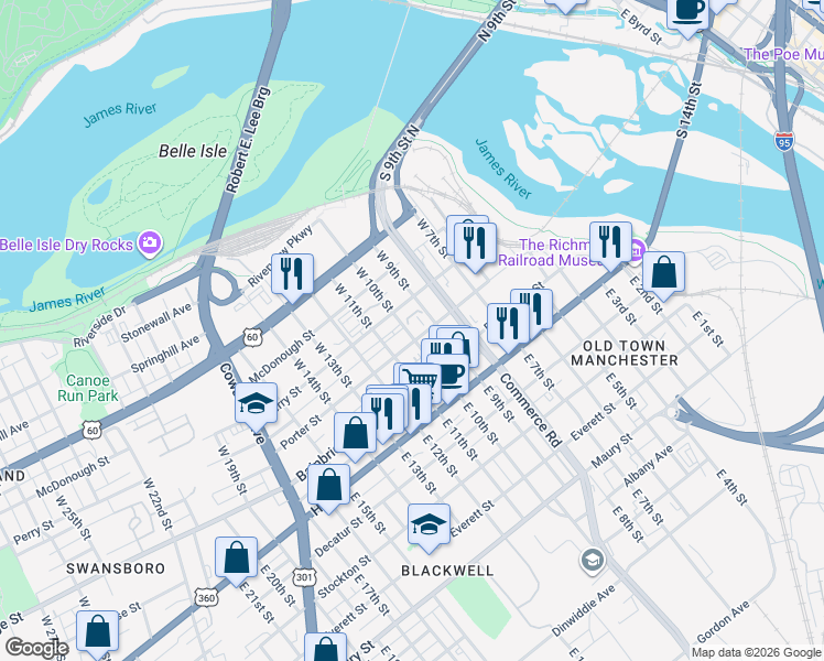 map of restaurants, bars, coffee shops, grocery stores, and more near 210 West 10th Street in Richmond
