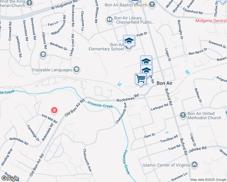 map of restaurants, bars, coffee shops, grocery stores, and more near 2131 Waters Mill Drive in Bon Air