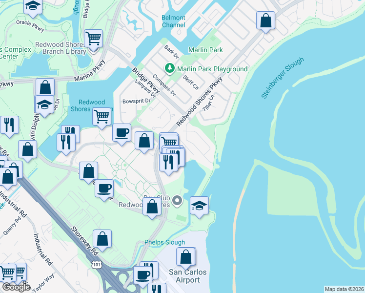 map of restaurants, bars, coffee shops, grocery stores, and more near 2508 Hastings Shore Lane in Redwood City