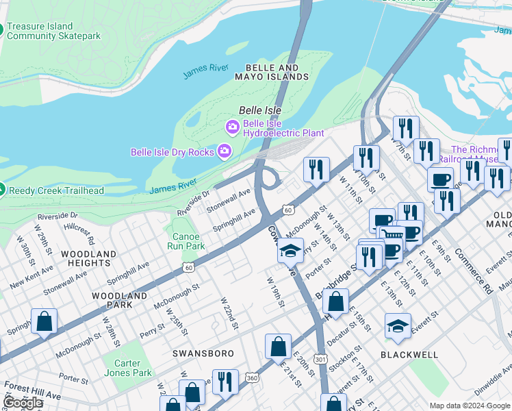 map of restaurants, bars, coffee shops, grocery stores, and more near 10 Cowardin Avenue in Richmond