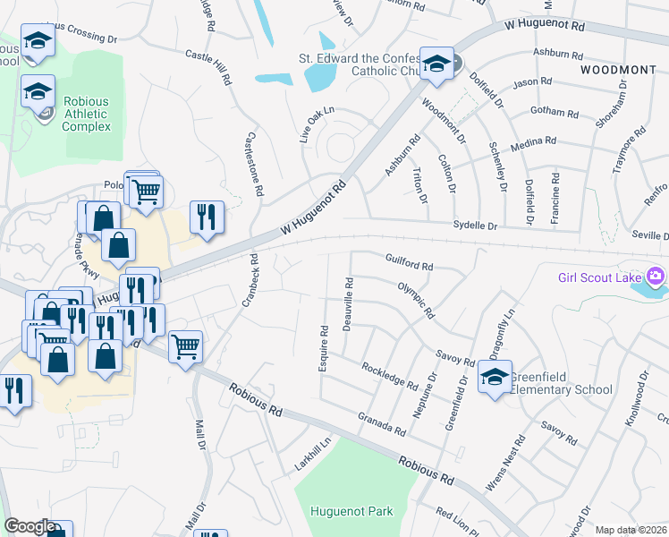 map of restaurants, bars, coffee shops, grocery stores, and more near 2131 Esquire Road in Richmond