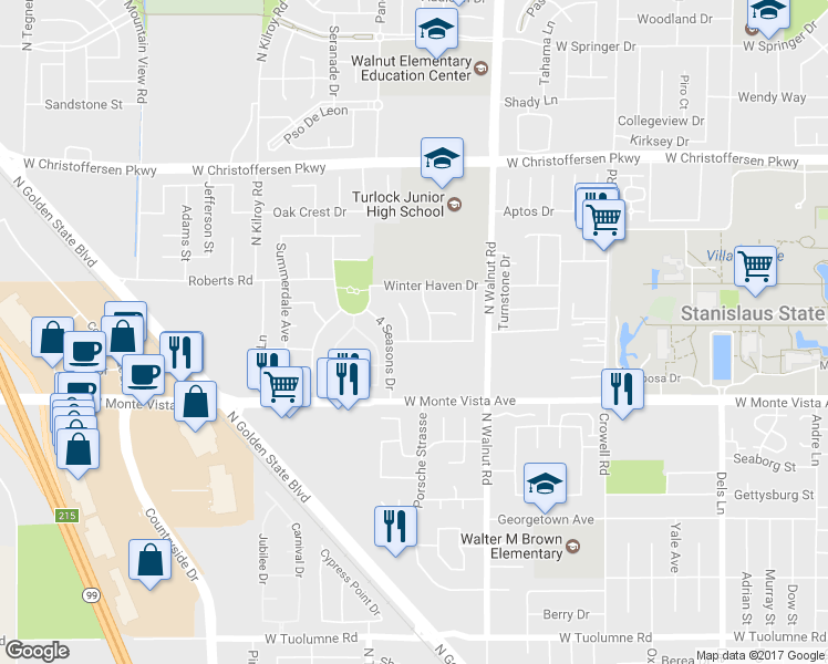map of restaurants, bars, coffee shops, grocery stores, and more near 3514 Whistler Court in Turlock