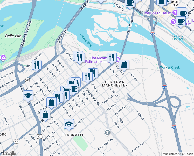 map of restaurants, bars, coffee shops, grocery stores, and more near 512 Hull Street in Richmond