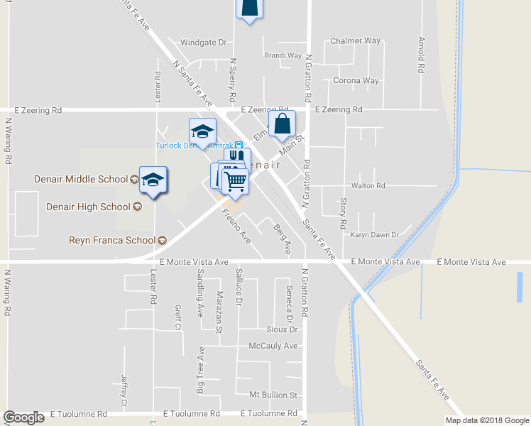map of restaurants, bars, coffee shops, grocery stores, and more near 3432 Berg Avenue in Denair