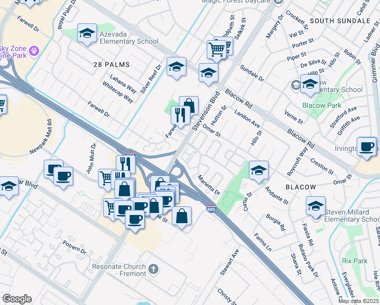 map of restaurants, bars, coffee shops, grocery stores, and more near 5651 Spry Common in Fremont