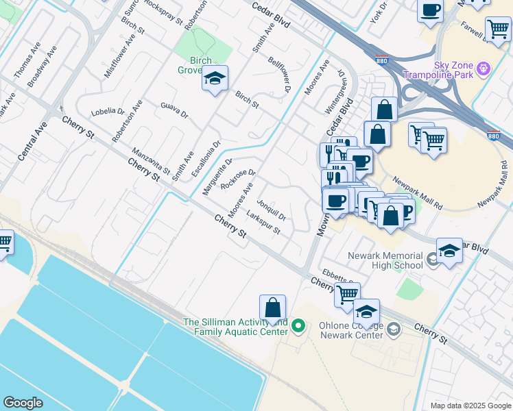 map of restaurants, bars, coffee shops, grocery stores, and more near 38787 Jonquil Drive in Newark