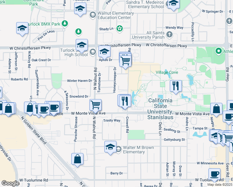 map of restaurants, bars, coffee shops, grocery stores, and more near 3500 Honeycreeper Drive in Turlock