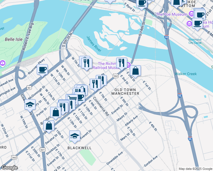 map of restaurants, bars, coffee shops, grocery stores, and more near 512 Hull Street in Richmond