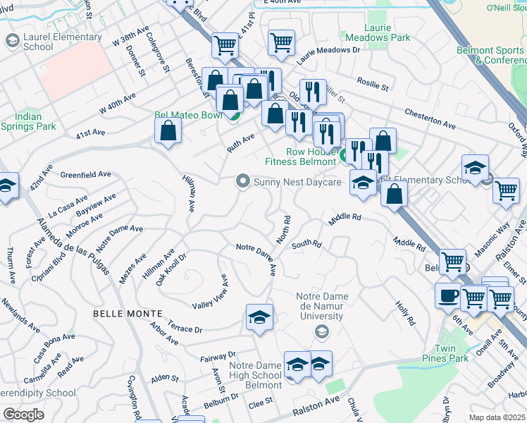 map of restaurants, bars, coffee shops, grocery stores, and more near 1513 Winding Way in Belmont