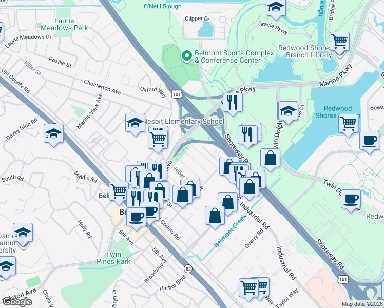 map of restaurants, bars, coffee shops, grocery stores, and more near 1021 Judson Street in Belmont