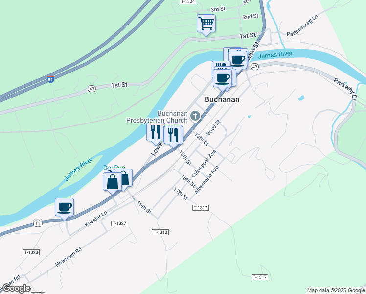 map of restaurants, bars, coffee shops, grocery stores, and more near 19428 Main Street in Buchanan