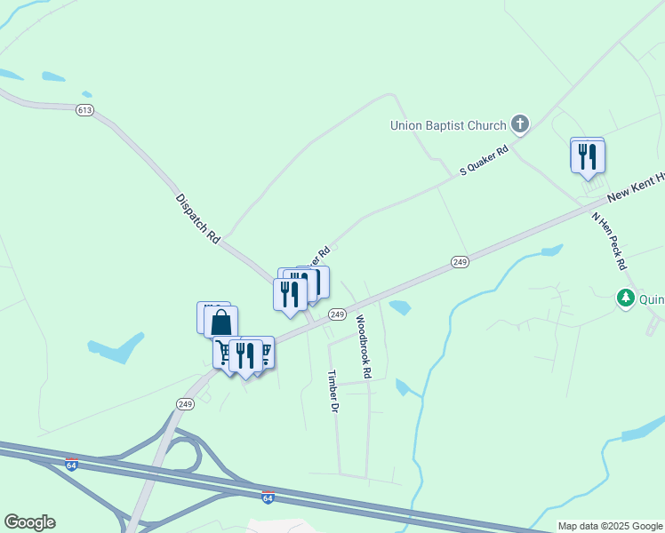 map of restaurants, bars, coffee shops, grocery stores, and more near 8121 South Quaker Road in Quinton