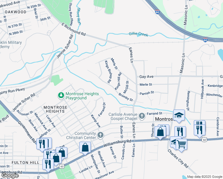map of restaurants, bars, coffee shops, grocery stores, and more near 2239 Bromby Street in Richmond