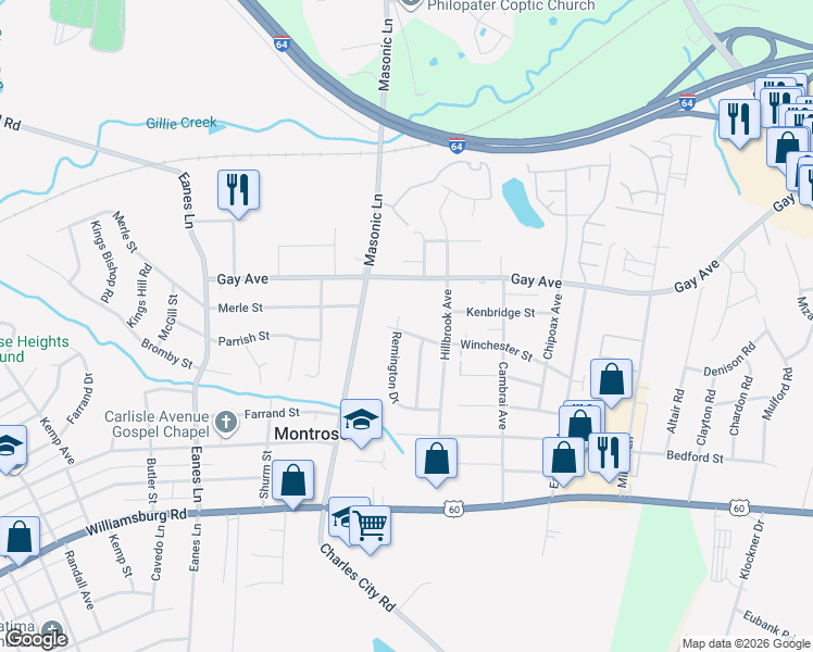 map of restaurants, bars, coffee shops, grocery stores, and more near 2705 Remington Court in Richmond