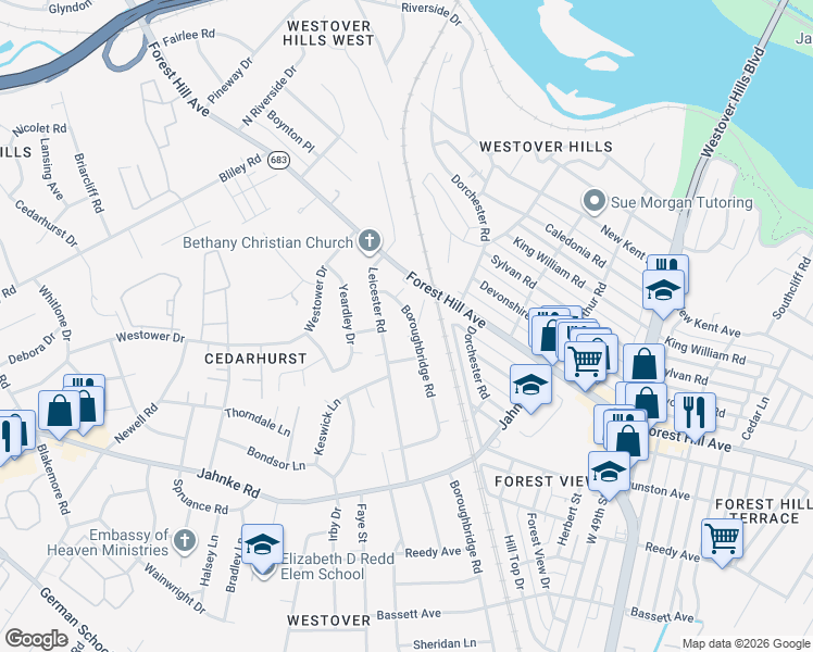 map of restaurants, bars, coffee shops, grocery stores, and more near 1424 Boroughbridge Rd in Richmond