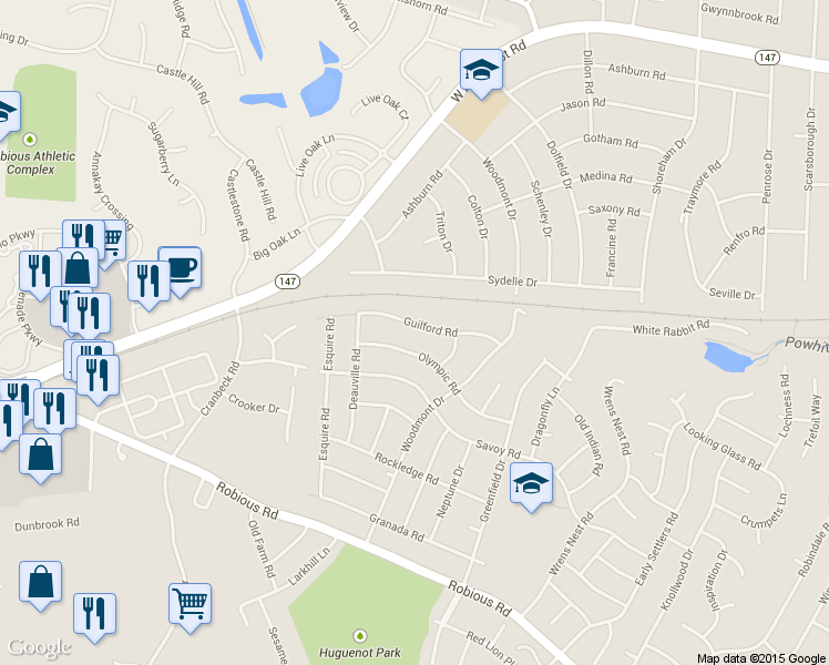map of restaurants, bars, coffee shops, grocery stores, and more near 11125 Guilford Road in Richmond