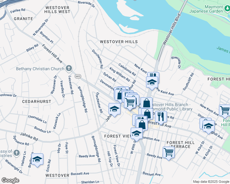 map of restaurants, bars, coffee shops, grocery stores, and more near 5114 Devonshire Road in Richmond