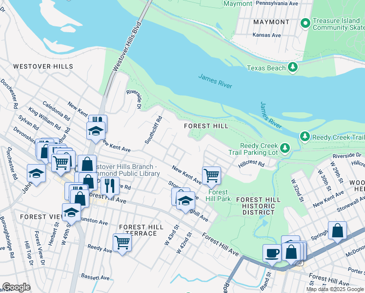 map of restaurants, bars, coffee shops, grocery stores, and more near 4503 Archer Avenue in Richmond