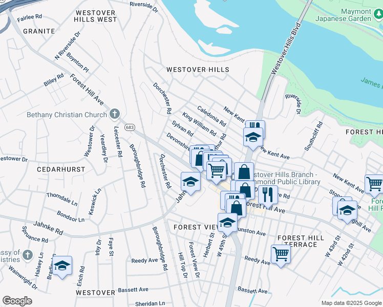 map of restaurants, bars, coffee shops, grocery stores, and more near 5114 Devonshire Road in Richmond