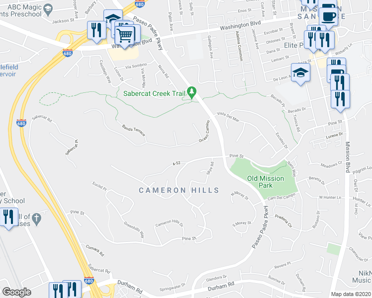 map of restaurants, bars, coffee shops, grocery stores, and more near 1372 Ocaso Camino in Fremont