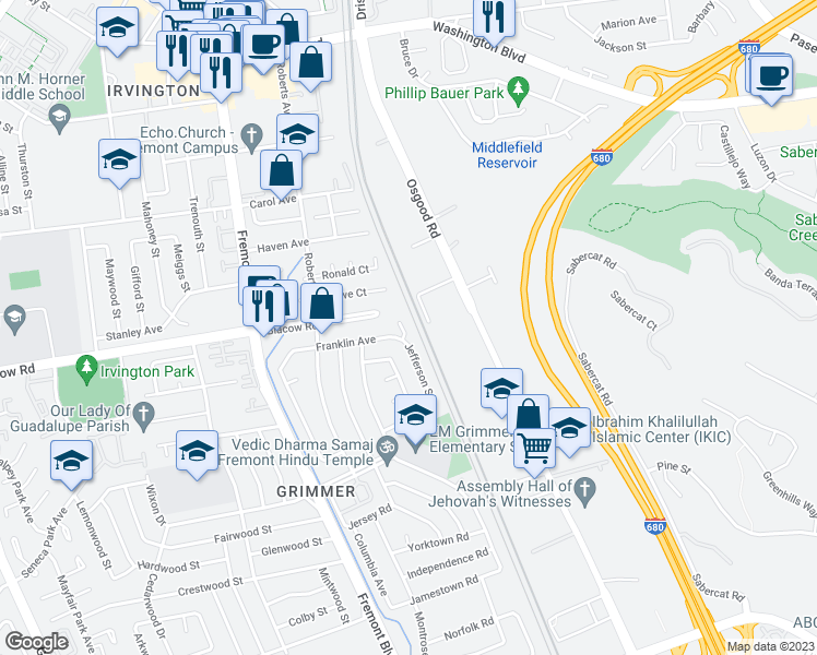 map of restaurants, bars, coffee shops, grocery stores, and more near 42560 Gage Court in Fremont