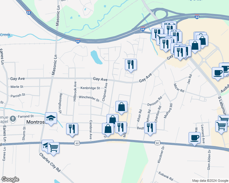 map of restaurants, bars, coffee shops, grocery stores, and more near 4601 Eastover Avenue in Richmond