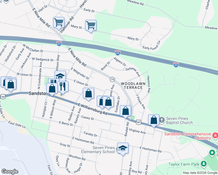 map of restaurants, bars, coffee shops, grocery stores, and more near 33 Medlock Road in Sandston