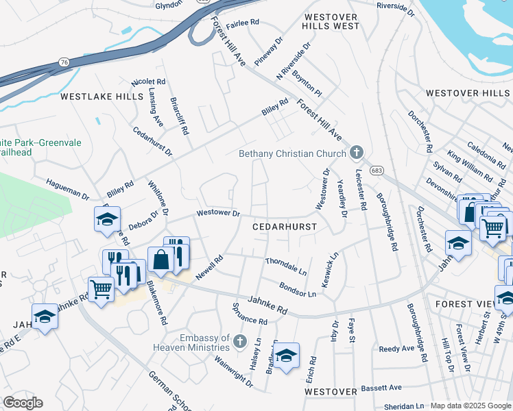 map of restaurants, bars, coffee shops, grocery stores, and more near 5852 Westower Drive in Richmond