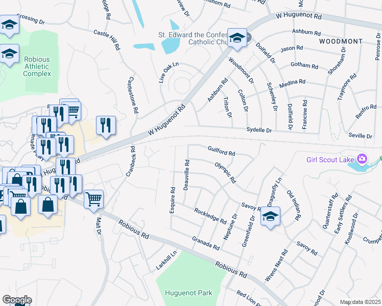 map of restaurants, bars, coffee shops, grocery stores, and more near 11160 Olympic Road in Richmond