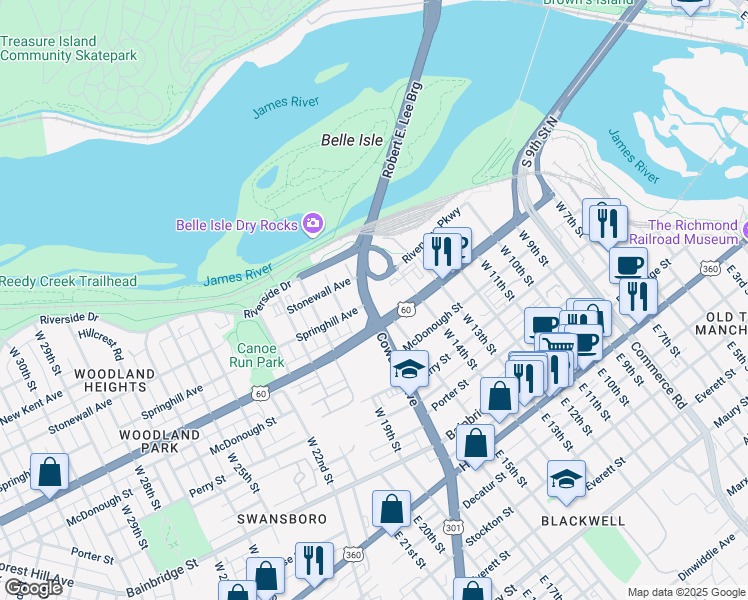 map of restaurants, bars, coffee shops, grocery stores, and more near 10 Cowardin Avenue in Richmond