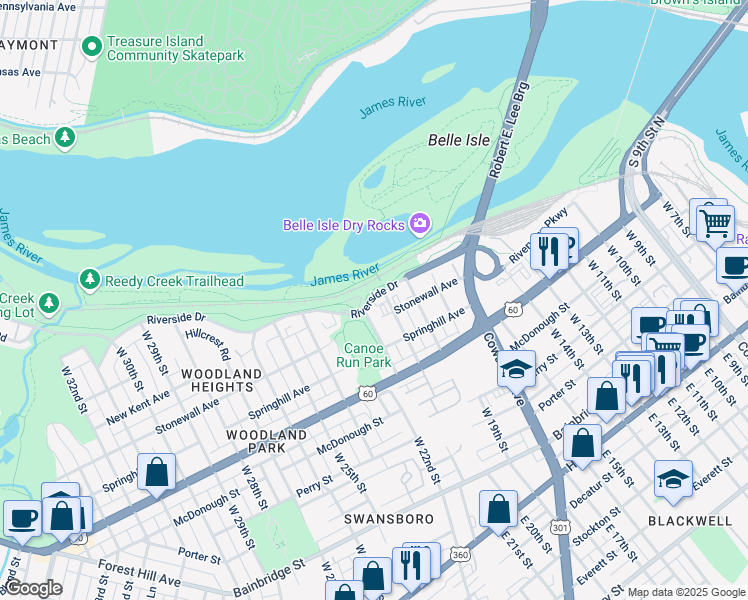map of restaurants, bars, coffee shops, grocery stores, and more near 2106 Riverside Drive in Richmond