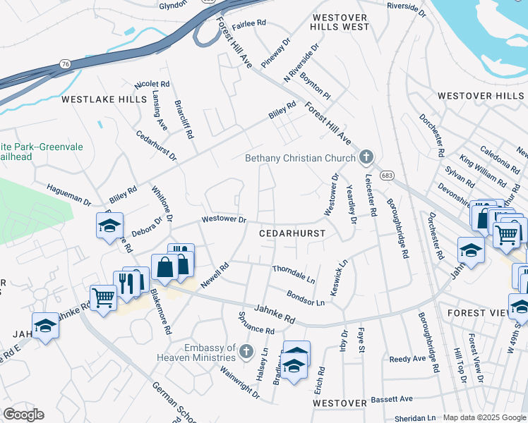 map of restaurants, bars, coffee shops, grocery stores, and more near 5854 Westower Drive in Richmond