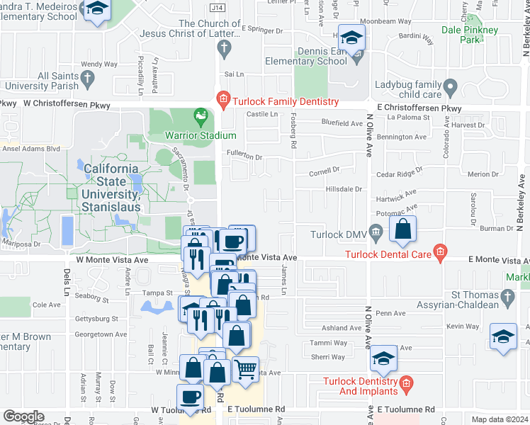 map of restaurants, bars, coffee shops, grocery stores, and more near 3405 Roanoke Court in Turlock