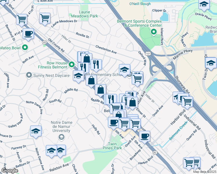 map of restaurants, bars, coffee shops, grocery stores, and more near 729 Old County Road in Belmont