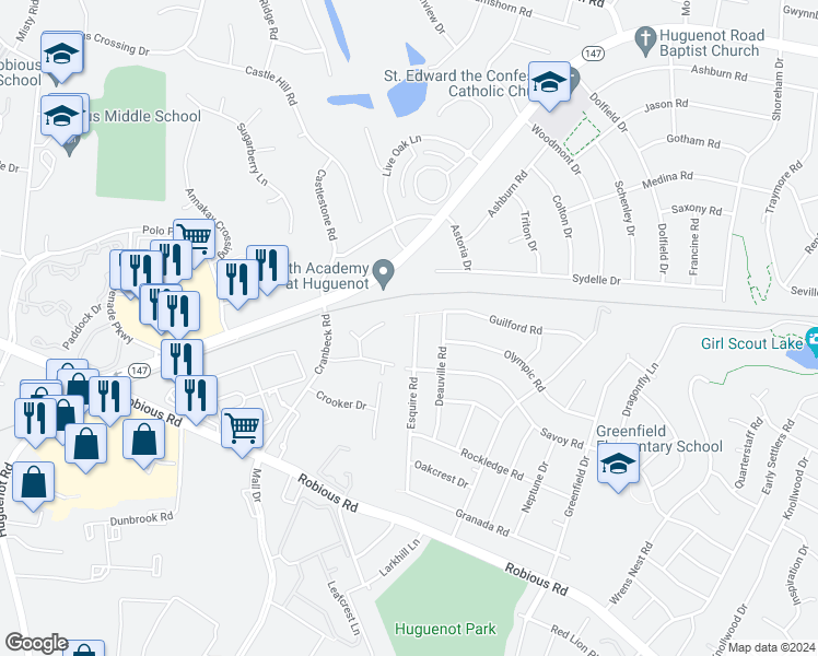 map of restaurants, bars, coffee shops, grocery stores, and more near 2132 Esquire Road in Richmond