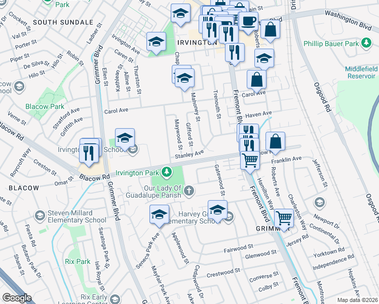 map of restaurants, bars, coffee shops, grocery stores, and more near 41883 Gifford Street in Fremont