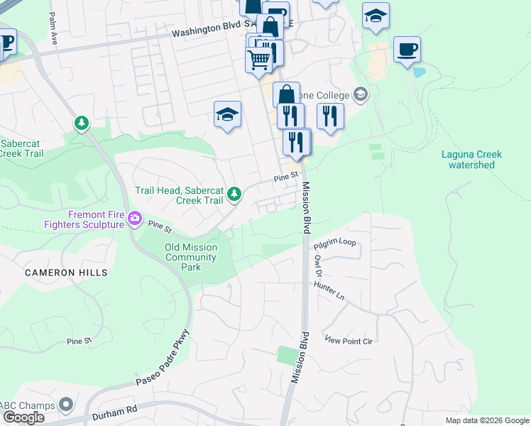 map of restaurants, bars, coffee shops, grocery stores, and more near 43896 Paso Pino Common in Fremont