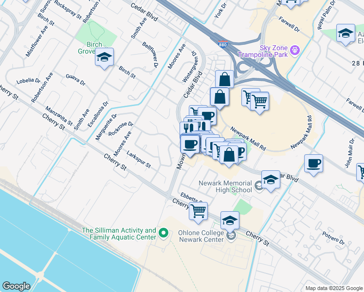 map of restaurants, bars, coffee shops, grocery stores, and more near 38986 Bluegrass Court in Newark