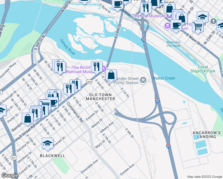 map of restaurants, bars, coffee shops, grocery stores, and more near 200 Stockton Street in Richmond