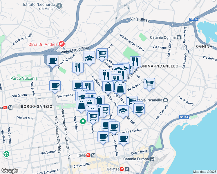 map of restaurants, bars, coffee shops, grocery stores, and more near 121 Via Duca Degli Abruzzi in Catania