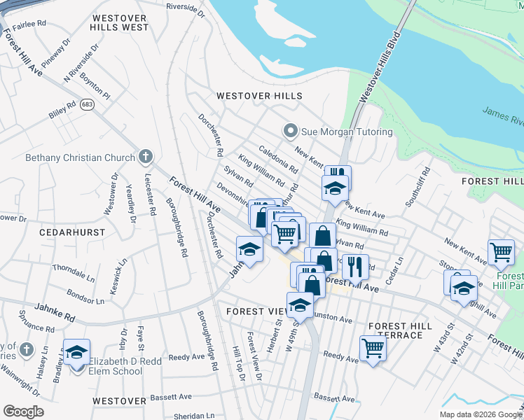 map of restaurants, bars, coffee shops, grocery stores, and more near 5109 Devonshire Road in Richmond
