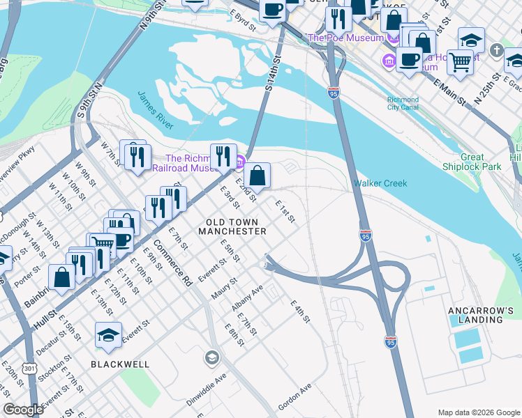 map of restaurants, bars, coffee shops, grocery stores, and more near 219 East 2nd Street in Richmond
