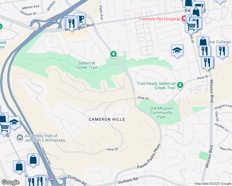 map of restaurants, bars, coffee shops, grocery stores, and more near 1298 Ocaso Camino in Fremont
