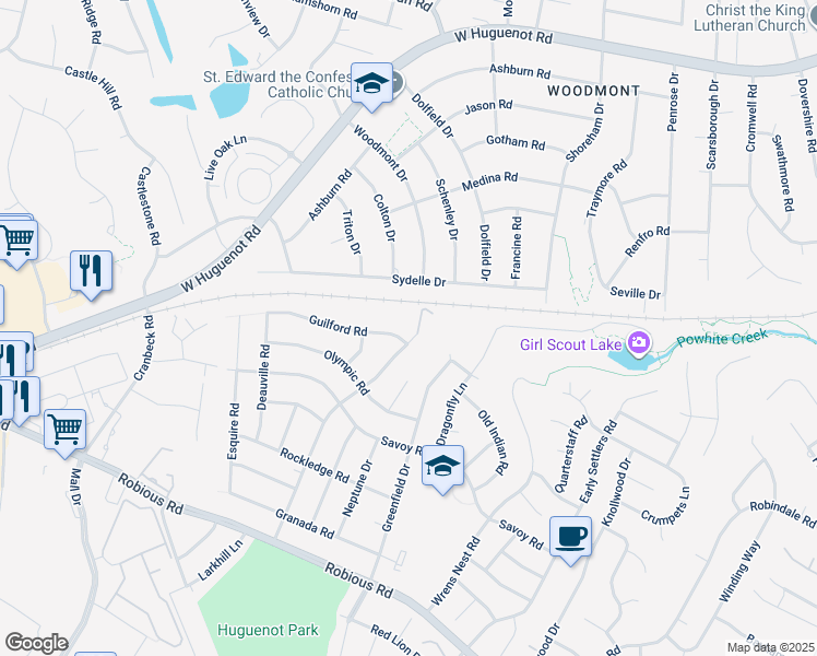 map of restaurants, bars, coffee shops, grocery stores, and more near 2208 Woodmont Drive in Richmond